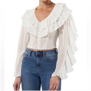NWT AMUR Deep-V Pleated Ruffle Long Sleeve Blouse